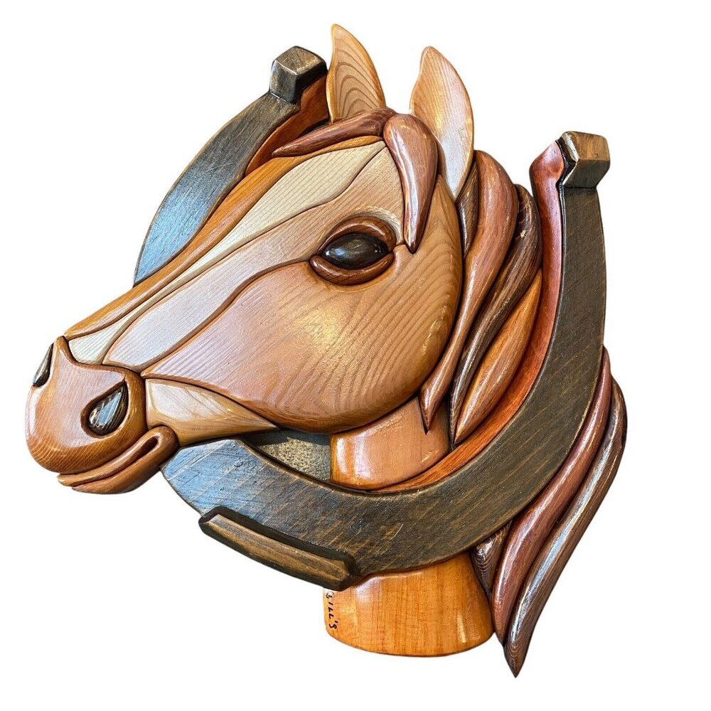 Vintage Intarsia Wooden Lucky Horse Head Wall Hanging Decor Handcrafted 11x12